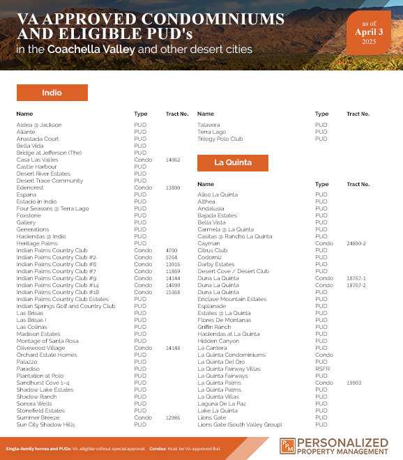 VA approved Condominiums and eligible PUDs in the Coachella Valley