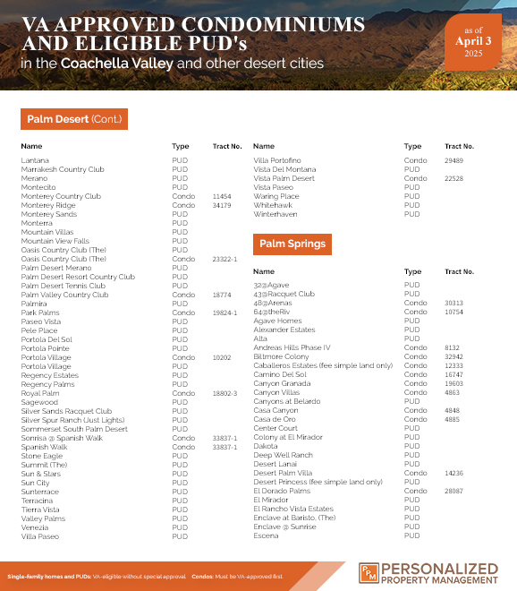 VA approved Condominiums and eligible PUDs in the Coachella Valley
